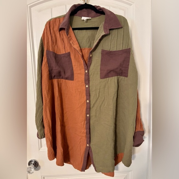 Colorblock Button Down Shirt in Olive, Purple, and Rust - Picture 1 of 6